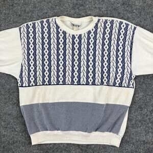 Alabuy Sweater Mens Size 42 White Navy Vintage USA Textured Knit Pullover 80s